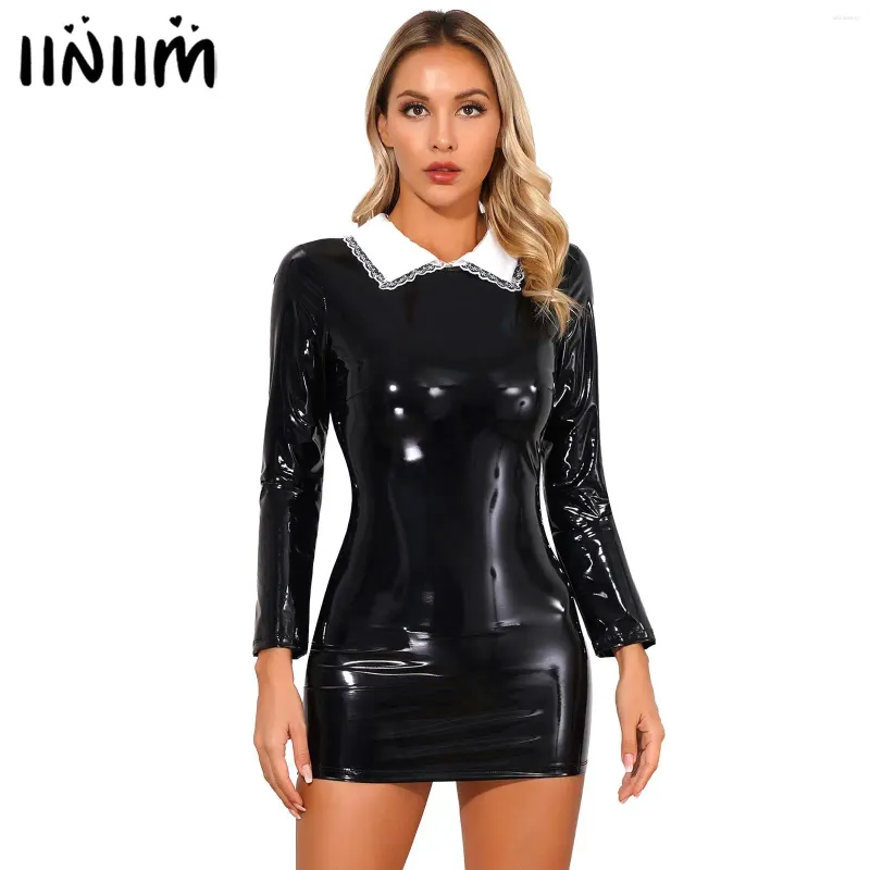 Casual Dresses Womens Glossy Patent Leather Mini Dress Long Sleeve Satin Collar Back dragkedjan Bodycon Gotic Clubwear Punk Costumes
