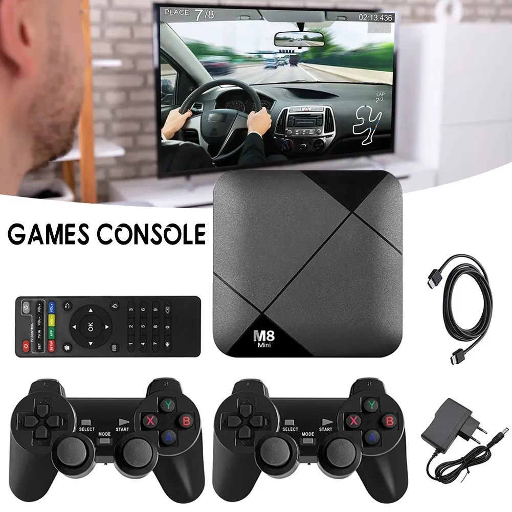 Console M8 Mini Gioco Android 9.0 TV Box 4K HD TV Game Stick Console per videogiochi 1G + 8G Costruito in 7600 Giochi retrò per PS1/GBA/FC