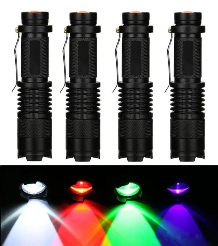 LED Flashlight Lighting led Light 3 Modes Zoomable Tactical Torch Lamp For Fishing Hunting Detector Purple Green Red White7528494