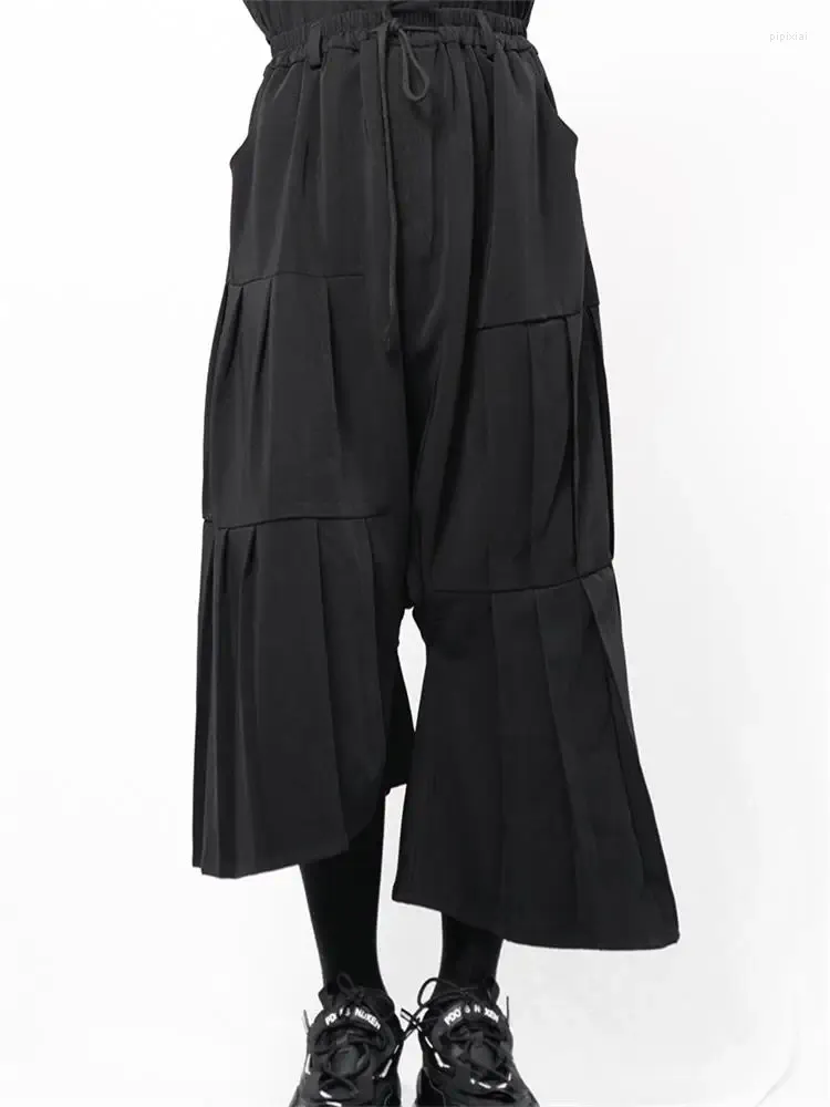 Herenbroek Yamamoto-stijl wijde pijpen culottes onregelmatig asymmetrisch zwart opvouwbaar los groot formaat haren