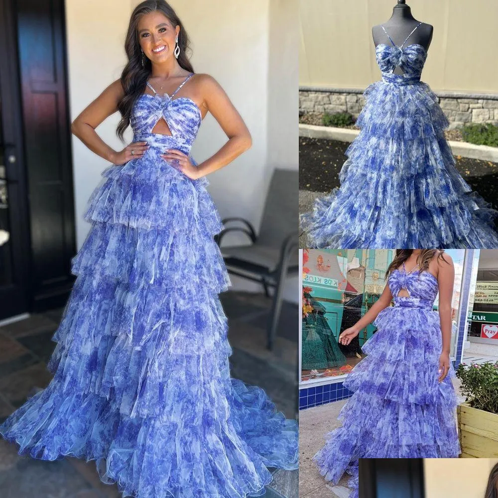 In Stock Special Occasion Dresses Print Floral Ruffle Prom Dress 2K24 Bodysuit Keyhole Halter Purple Tiered Tle Preteen Lady Pageant Dhgga