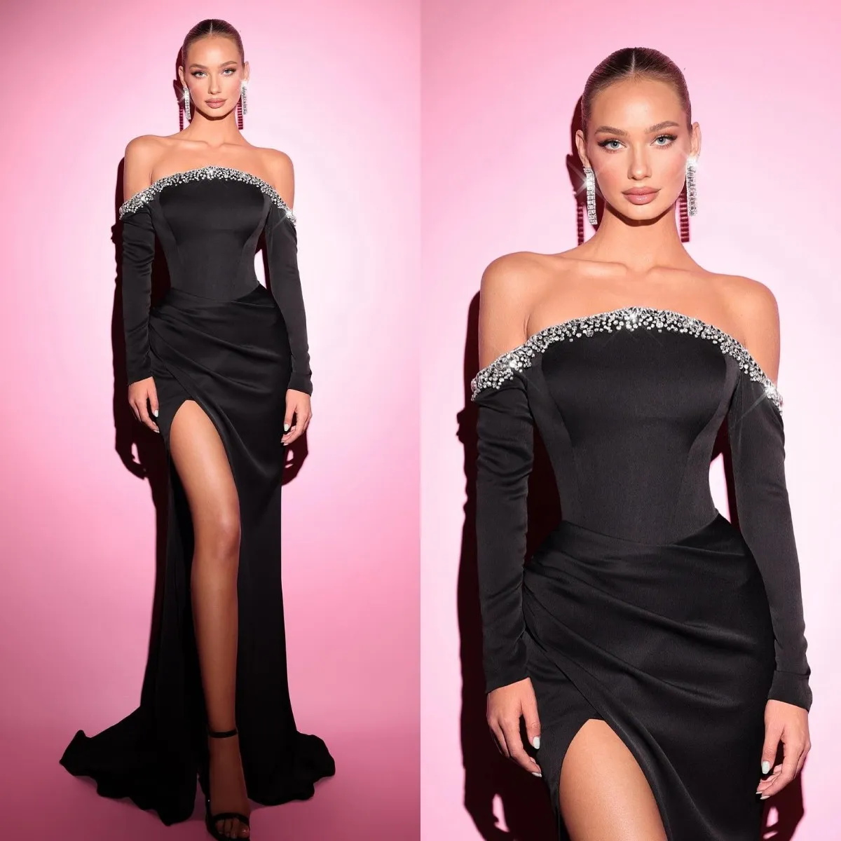 Black sheath evening dresses elegant long sleeves beads off shoulder Prom Dress slit formal dresses for women dresses for special occasions pageant robe de soiree