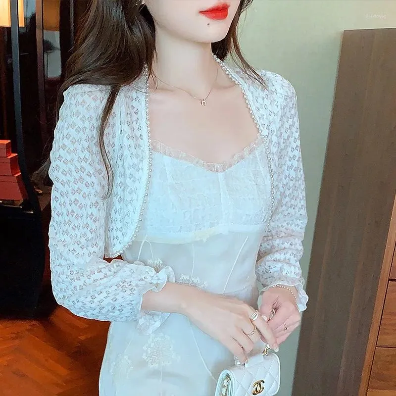 Women's Blouses 2024 Spring Summer Ladies Lace Shirts Sweet Long Flare Sleeve Beaded Collar Womens Short Cardigans Female Blouse Sunscreen
