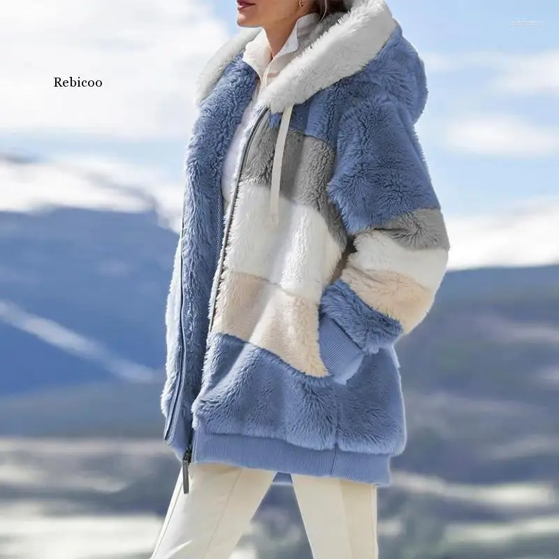 Kvinnorjackor 2024 Autumn Winter Warm Plush dragkedja Ficka huva Loose Jacketkläder Kashmir Ytterklädesrockar kallt skydd