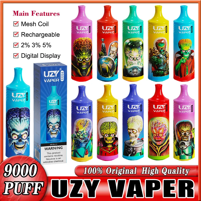 Original Uzy Vaper 9000 Puffs 9000 engångscigaretter Mesh -spole 18 ml POD Laddningsbara elektroniska CIGS RGB 0% 2% 5% VAPES DISPOBLE PULD 9K AT LACK