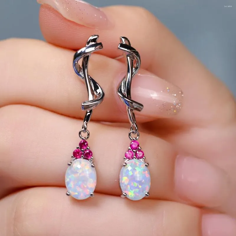 Boucles d'oreilles pendantes élégantes en Zircon Rose ovale, opale de feu pour femmes, plaqué or blanc, tendance, bijoux d'anniversaire pour filles