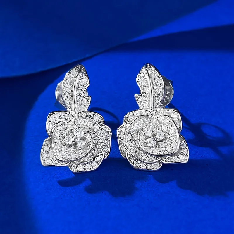 Charm Flower Moissanite Elmas Saplama Küpe% 100 gerçek sterling sier vaat düğün küpeleri kadınlar için parti mücevher hediyesi