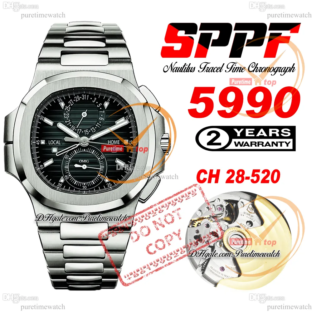 5990/1A-001 Seyahat Süresi CH 28-520 Otomatik Kronograf Erkek İzle 40.5mm Siyah Dereceli Çubuk Kadran Paslanmaz Çelik Bilezik Süper Sürümü Sppfwatch PureTiMewatch