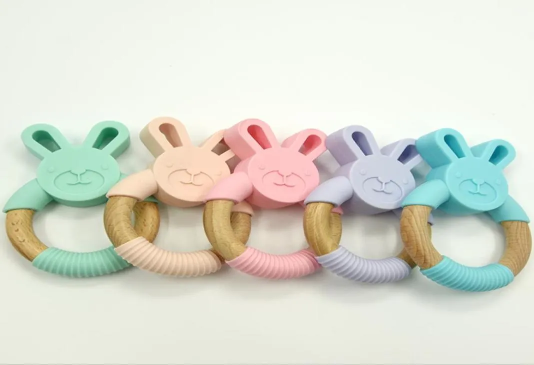 Bunny Silicone and Wood Teether Ring Natural Organic Beech Wood Ting Ring Soft Bunny Rabbit Chew Toys Baby Spädbarns gåvor1968535