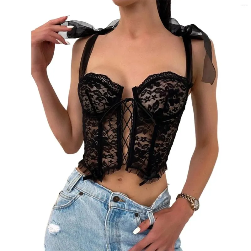 Débardeurs pour femmes Femmes Spaghetti Strap Dentelle Sheer Bustiers Crop Tops Sexy Bandage Épaule Low Cut Corsets Tank Voir à travers le gilet floral