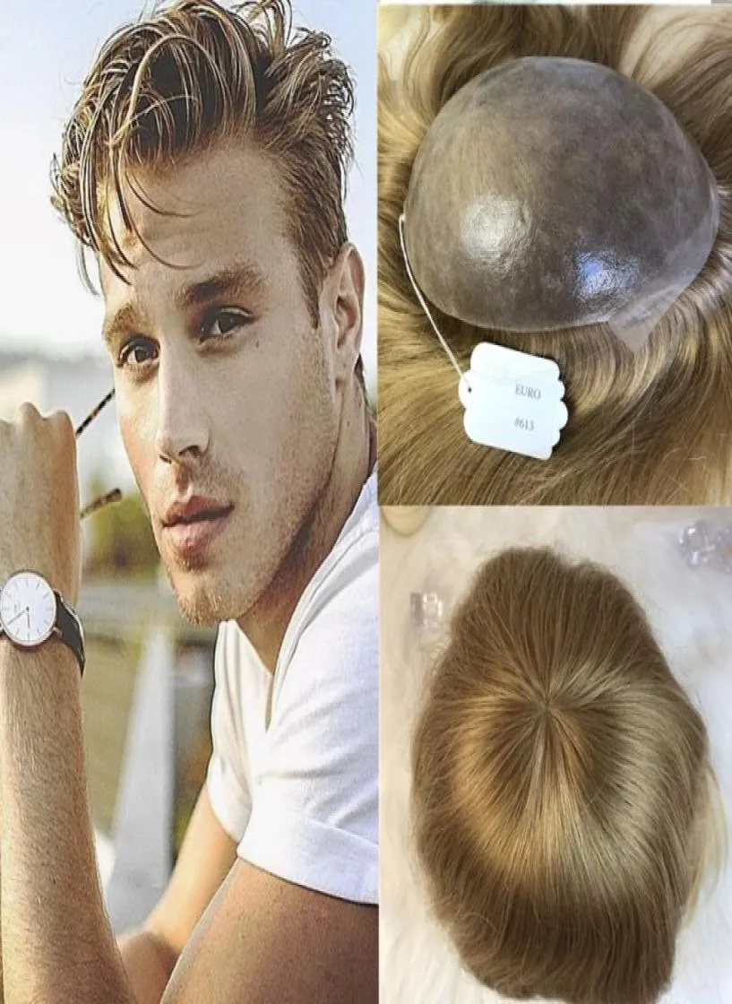 Cheveux naturels européens Toupet à peau fine pour hommes 613 Base complète en Pu Système de remplacement de toupet pour hommes Droite Blonde Cheveux Humains Hommes Hairp2103003