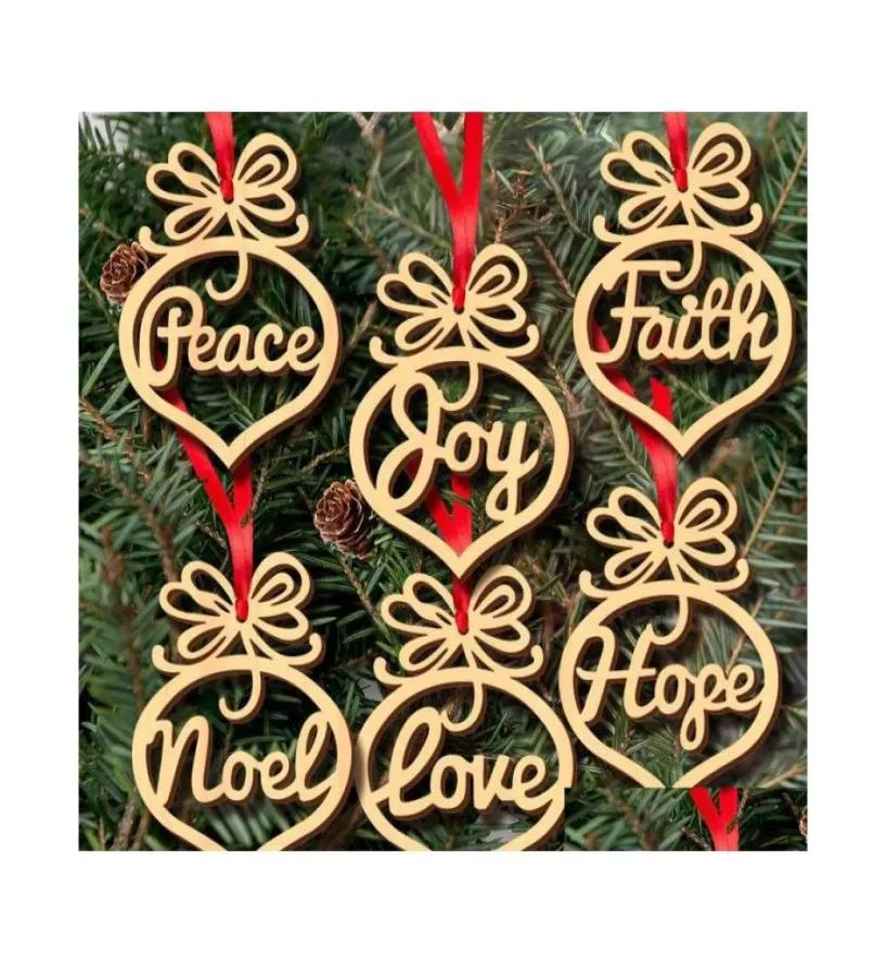 Party Favor Année Ornements de Noël Pendentif en bois naturel Cadeaux suspendus Décoration d'arbre de Noël Décorations pour la maison Paix Espoir Foi Goutte D5247775