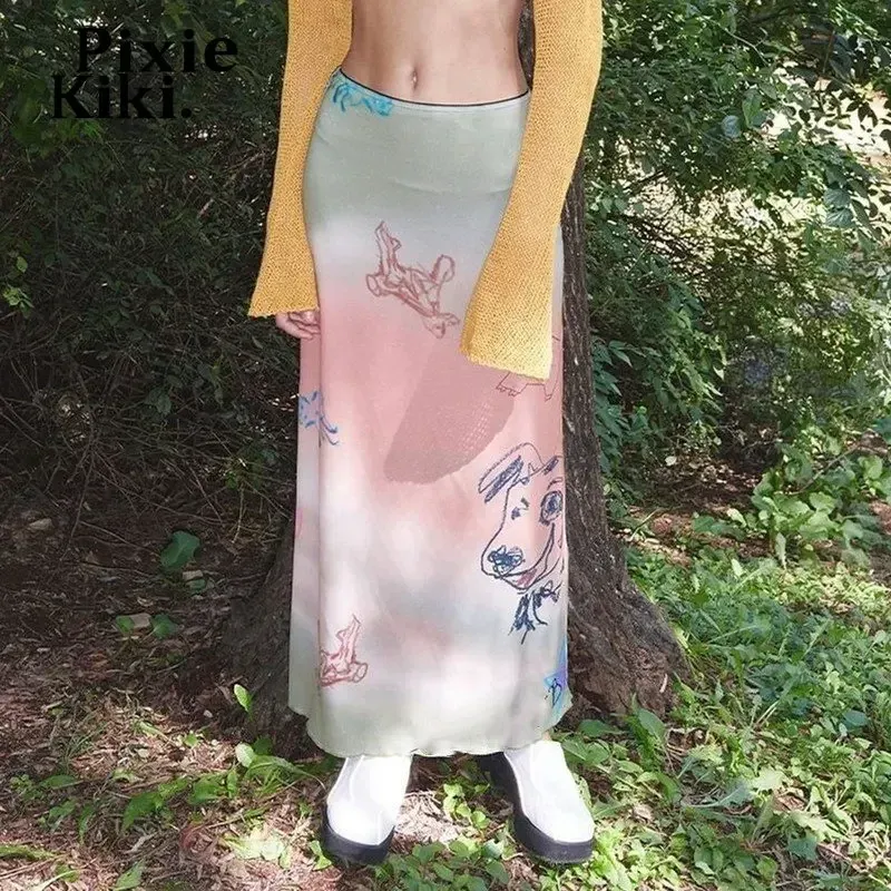 jupe PixieKiki Y2k Style longues jupes Maxi pour femme mignon noyau dessin animé dégradé rose imprimé jupe d'été femmes vêtements 2023 P33BE17