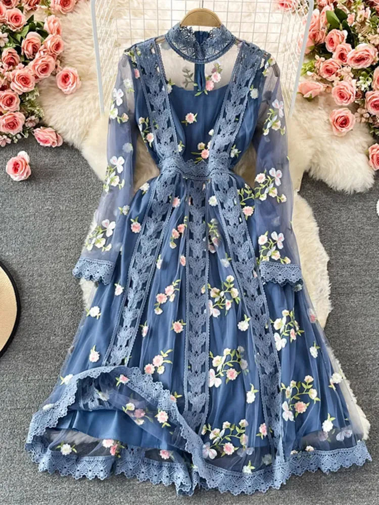 Boho otoño primavera flores vestido bordado mujeres manga larga encaje malla floral azul elegante fiesta de vacaciones señoras midi vestidos 240221