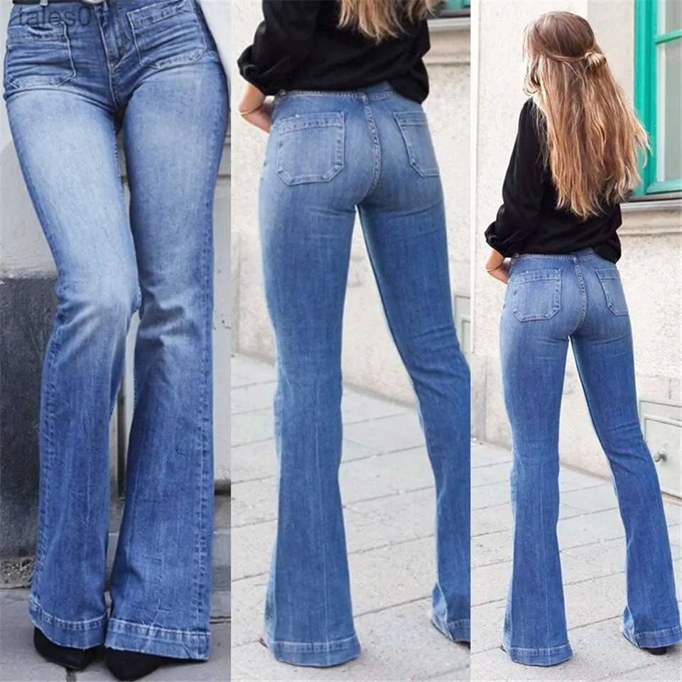 Kvinnors jeans flare jeans byxor mode golvlängd blå denim tvättade jean midja klocka botten plus storlek jeans dam 240304