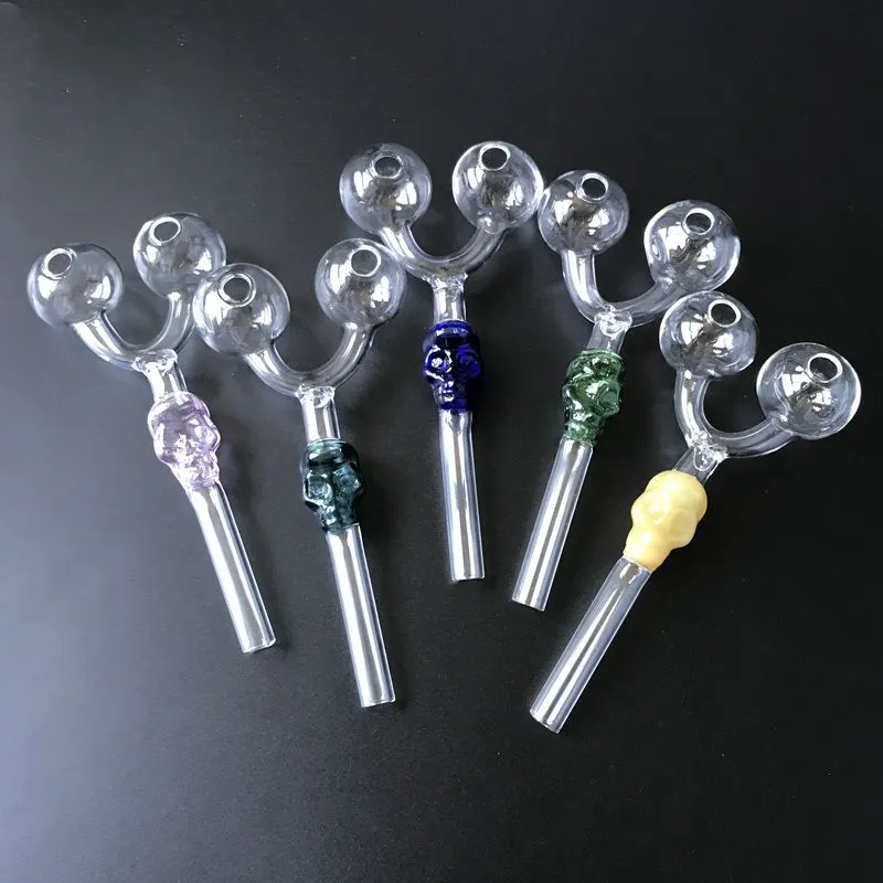 Double Skull Glass Pipes Two Head Glass Pyrex Oil Burner Pipes Colorful Smoking Tobacco Pipes SW29