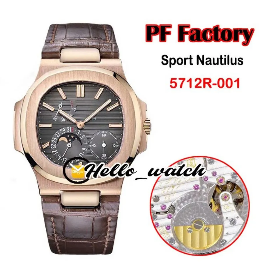 Novo pff 40mm esporte 5712r-001 5712 mão mecânica enrolamento relógio masculino fase da lua reserva de energia mostrador cinza rosa ouro marrom couro he186j