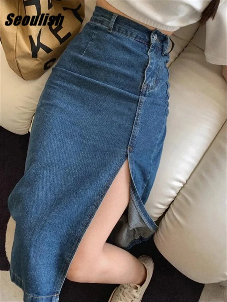 Seoulish Womens midi denim etekler bahar yaz tarafı bölünmüş yüksek wasit kot pantolon düz kadın aline kalem 240227