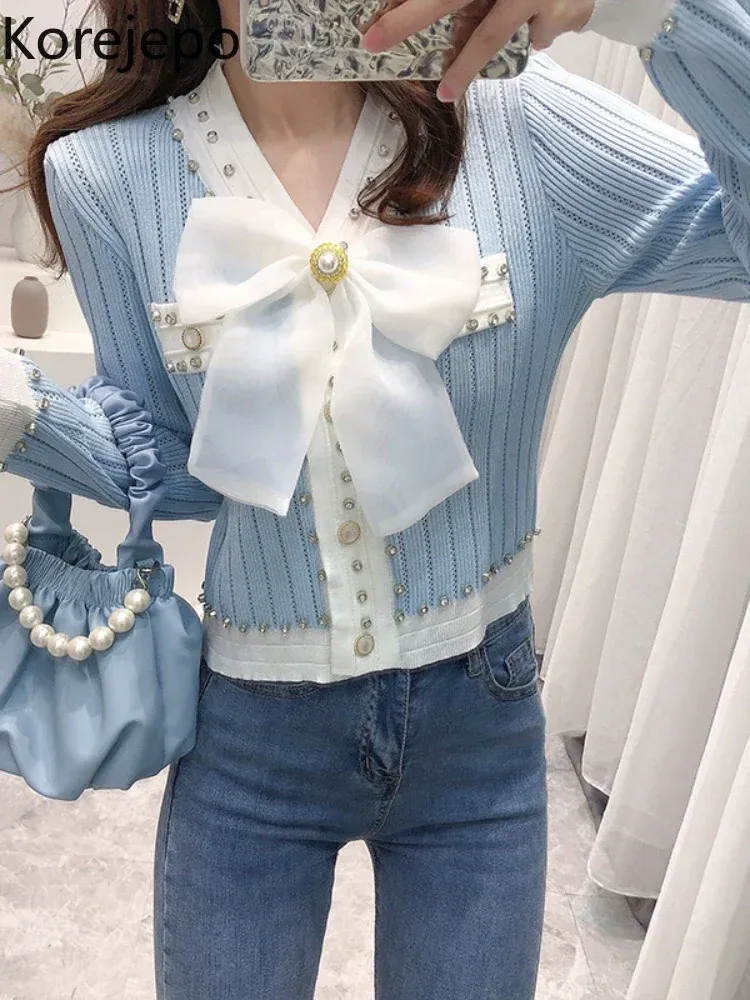 Pulvovers Korejepo Gentle Sweater lebtled 2023 Women Autumn French New Sweet Tops Diamonds Pearl Boy Vervament v Neck Suged Top Top