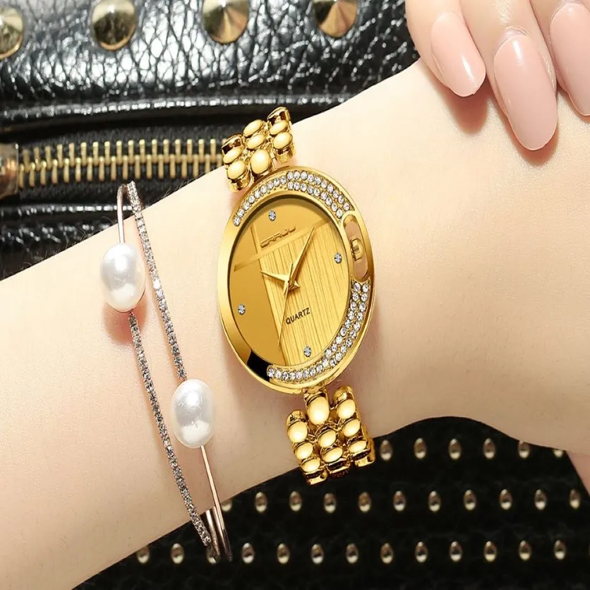 CRRJU Nieuwe Mode vrouwen Horloges met Diamant Gouden Horlogeband Top Luxe Merk Dames Sieraden Armband Klok Female2037