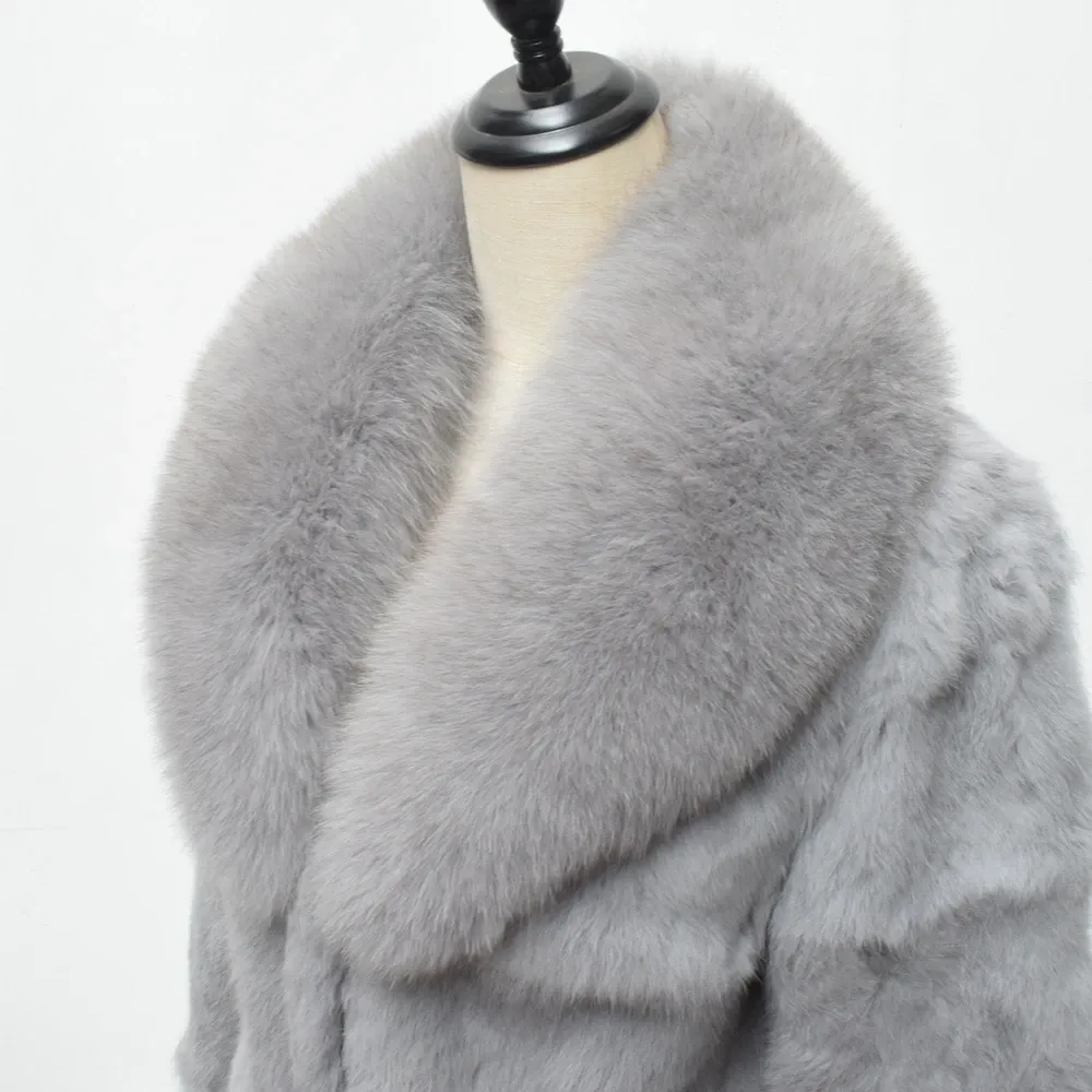 Меховое пальто из натурального кроличьего меха, новая модная женская зимняя зимняя шаль с воротником из натуральной лисы, толстая роскошная теплая акция, особенно куртка