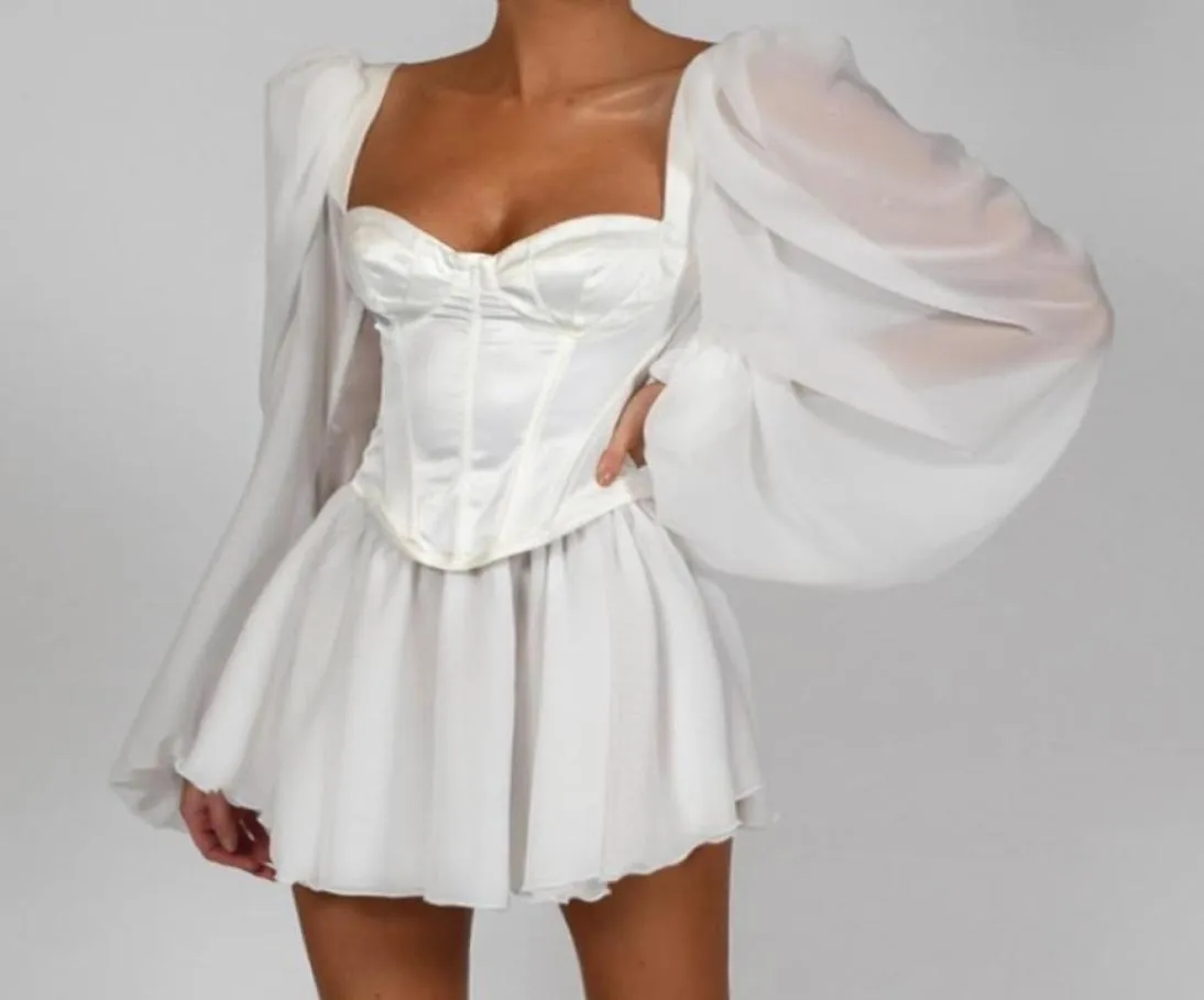 Femmes robe moulante femme lanterne manches Y2K Corset robes en mousseline de soie blanc automne plage vacances tenue Sexy fête Mini robe 21025585436