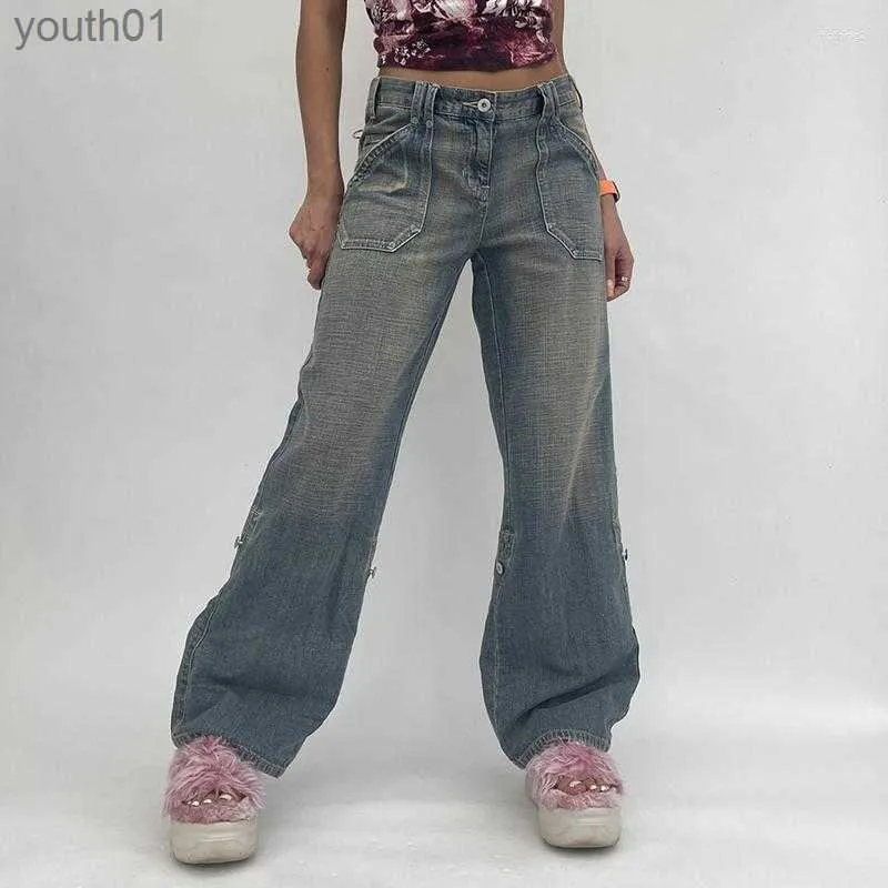 Women's Jeans Womens Jeans Blue Women Y2k Emo Grunge Streetwear Baggy Vintage Wide Leg Pants High Waist Straight Denim Trousers Korean 2000s Clothes 240304