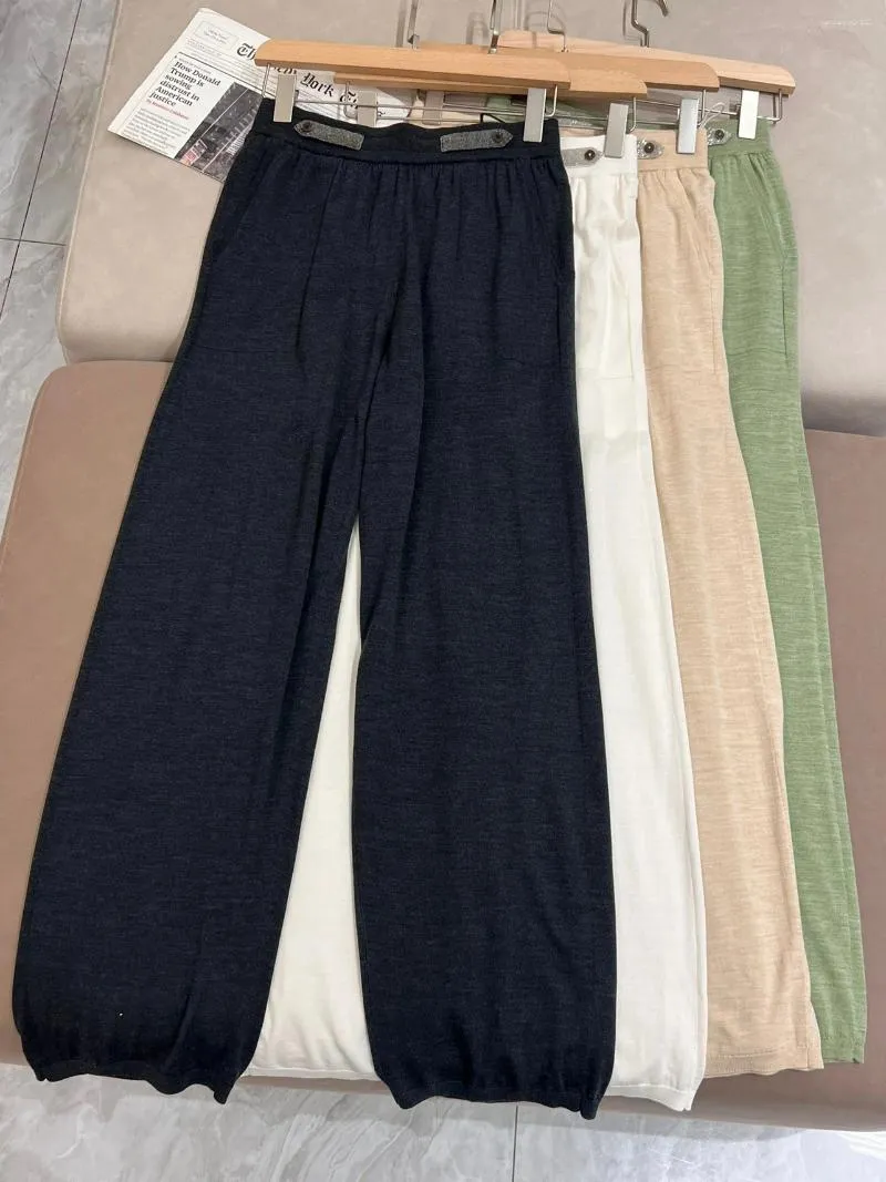 Calça feminina casual malha fina lã de seda alta cintura elástica reta