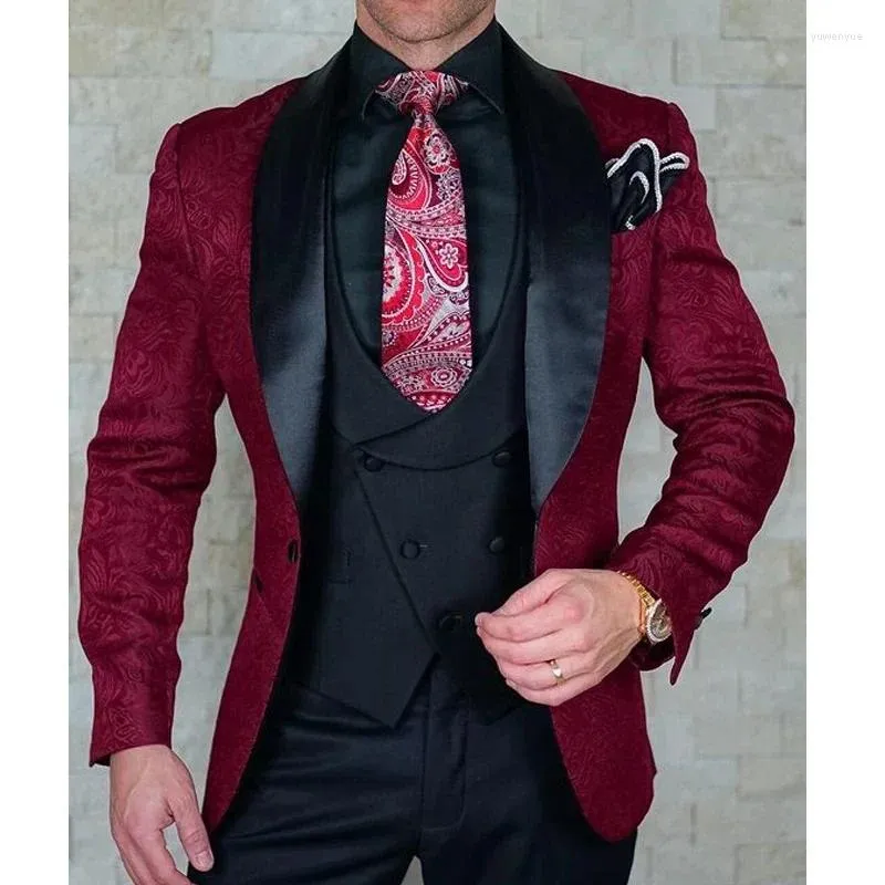 Men's Suits Floral Mens Wedding Italian Design Fashion Custom Made Black Smoking Tuxedo Jacket 3 Piece Groom Clothes 2024