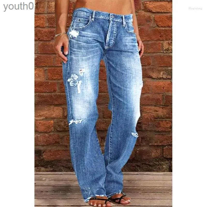 الجينز للسيدات جينز جينز الموضة امتداد منتصف الخزينة على التوالي النساء غير الرسمي سراويل الجينز القابلة للغسل الثقوب المكسورة 240304
