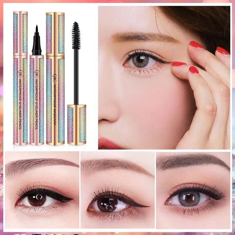 4D Fiber Lash Mascara Liquid Eyeliner Pencil kit Black Waterproof Makeup QIC starry sky Mascara Volume thick eyelash Long Lasting Eye liner