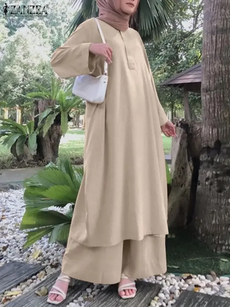 Set Zanzea Islamiska klädkalkon Matchning Set Muslim Abaya Suit Women Long Blouse Pant Sets Dubai Kaftan Middle Eastern Outfits