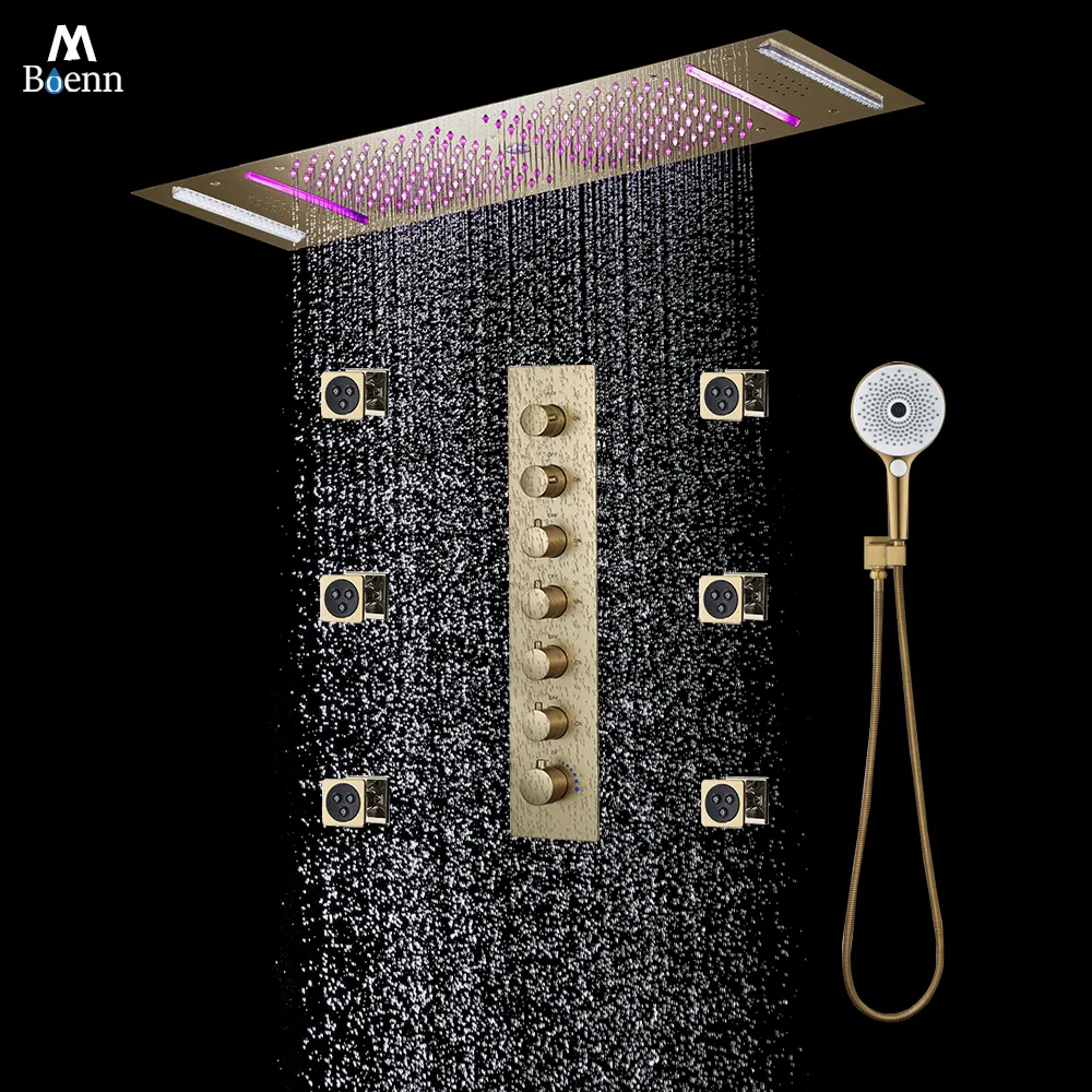 M Boenn Par Gold Shower Faucet Set Badrum Emotionellt överklagande duschsystem inbäddat tak Multifunktioner Regn duschar Huvud Termostatisk dold blandare kran