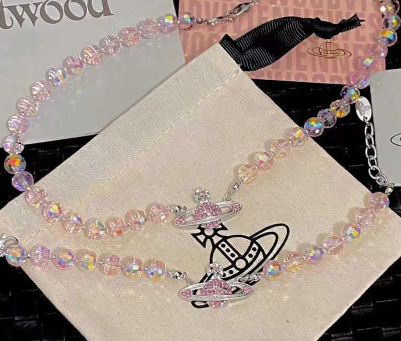 Viviennelies super espumante rosa cristal diamante Saturno colar pulseira conjunto celebridades luxuoso designer de moda joalheiro Westwood para presentes de mulher1