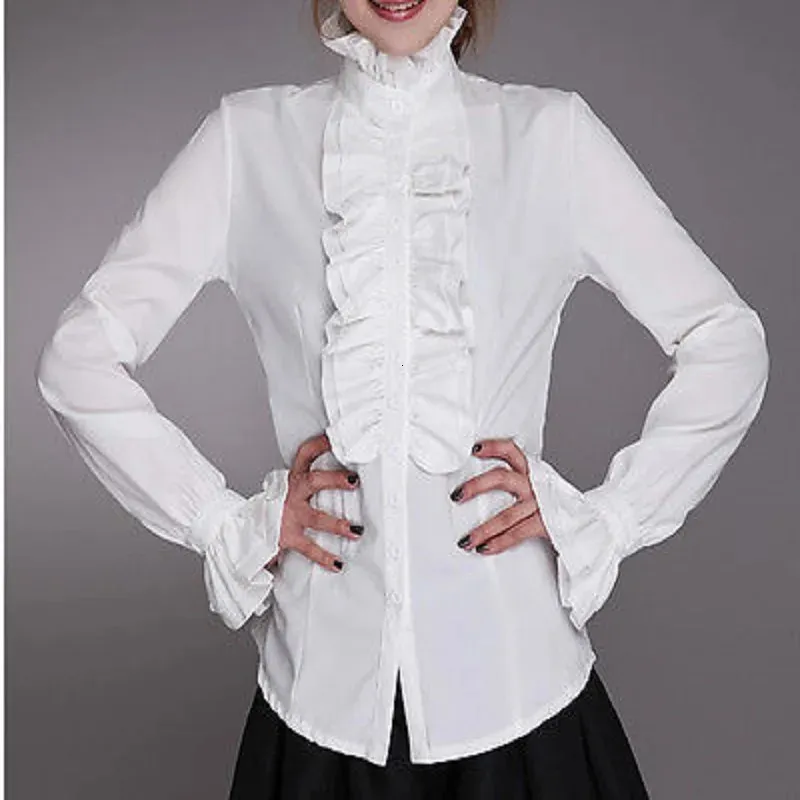 Camicia da donna da ufficio da donna Top vintage retrò Elegante manica lunga con volant Colletto alla coreana Camicetta semplice gotica per feste di lavoro Matrimoni 240223