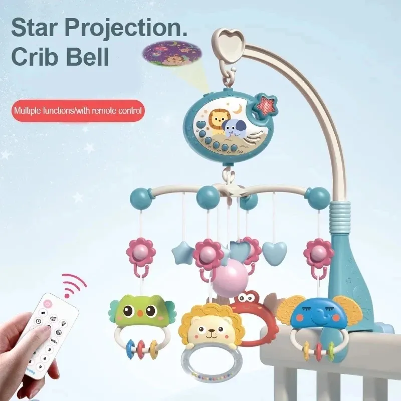Bebê controle remoto cama sino pode ser fixo chocalho 360 graus de rotação dos desenhos animados pingente projeção com caixa música entretenimento 240226