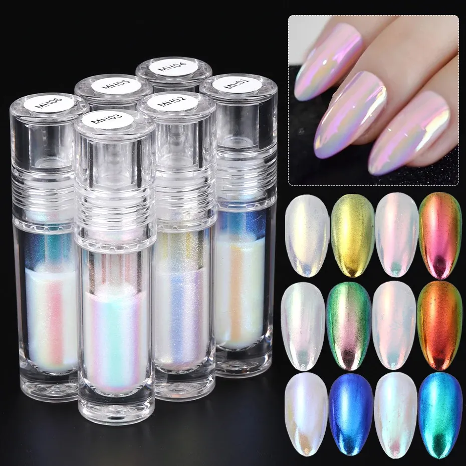 6PCS Kolor Aurora Metalliczny płyn Paznokcie Glitter Zestaw Małki Rurki Moonlight Blosy Chrome Pigment Powder Professional Manicure Salon 240220