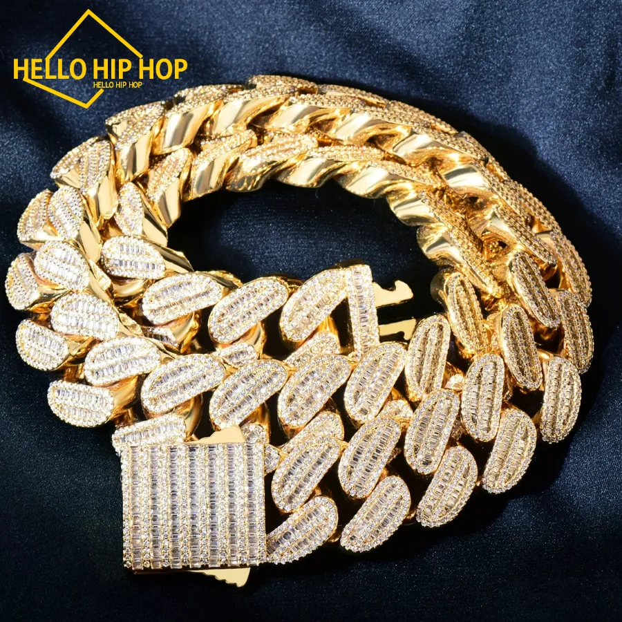 Bonjour Hip-hop NOUVEAU Hommes Baguette Hiphop Collier 21mm Grande Couleur Or Chaîne Cubaine Glacé Zircone Miami Lien Mode Rock Rappeur Bijoux