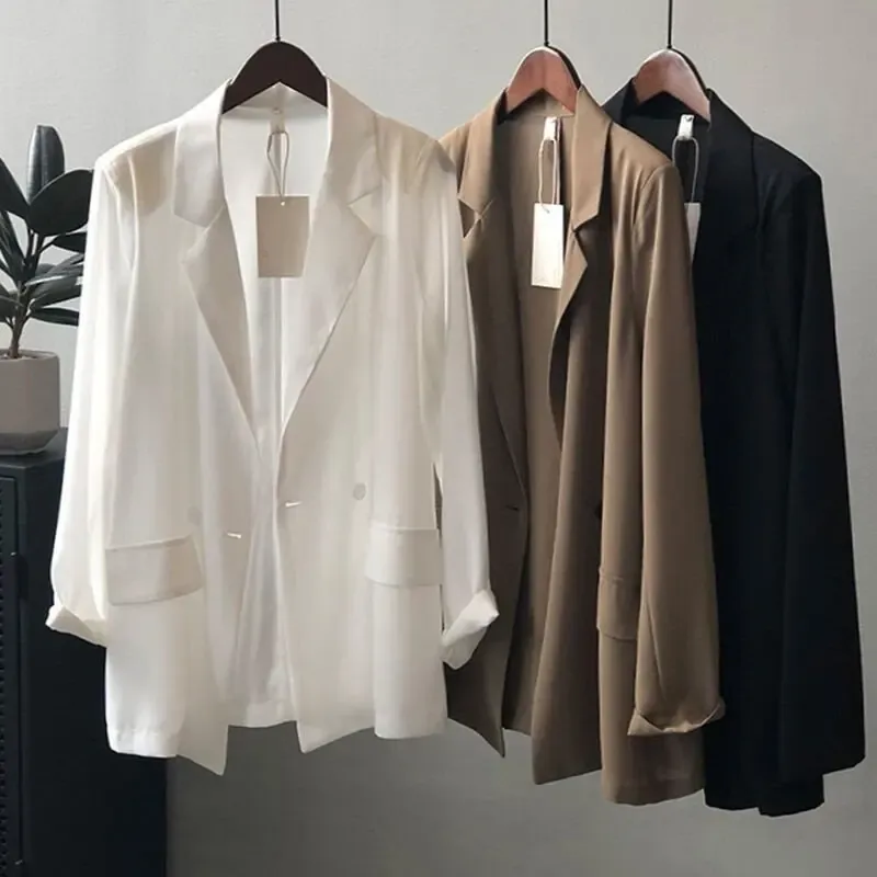 Blazers Plus Size S3XL Women Thin Blazer Jacket Chiffon Spring Summer Autumn Fashion Casual Elegant Slim Loose Coffee Coffee