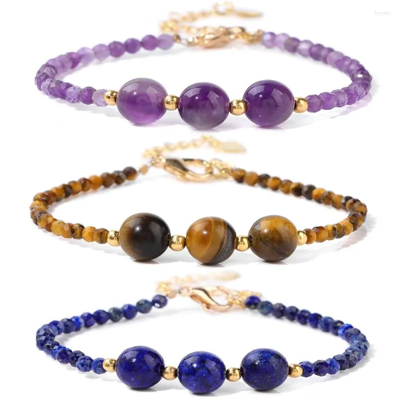 Pulseras de eslabones Pulsera de cuentas de piedra natural Amatistas Ojo de tigre Lapislázuli Cadena facetada de 3 mm para mujeres Hombres Joyería de moda