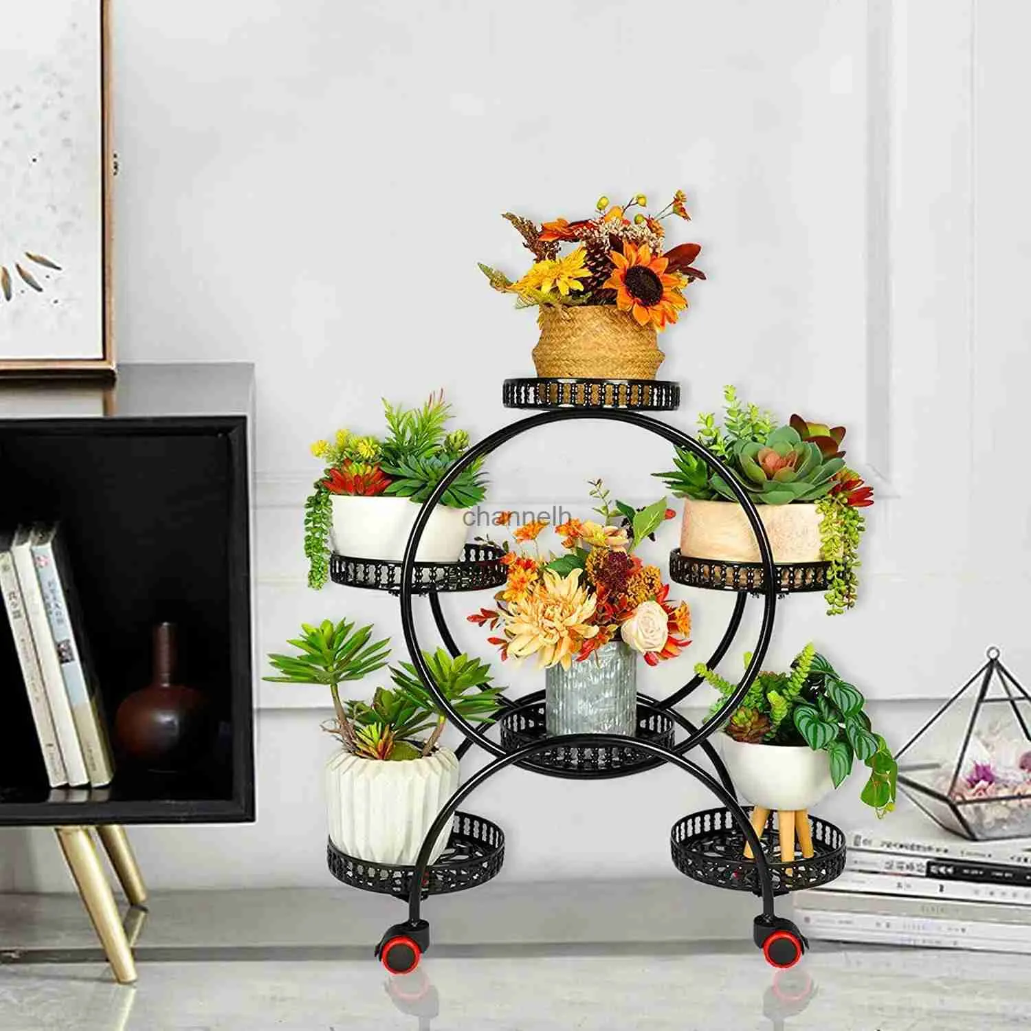 Andra trädgårdsbyggnader 6 Pot Metal Plant Stand Multi-Layer Plant Holder Flower Pot Rack med hjul för Garden Yard inomhus utomhus YQ240304