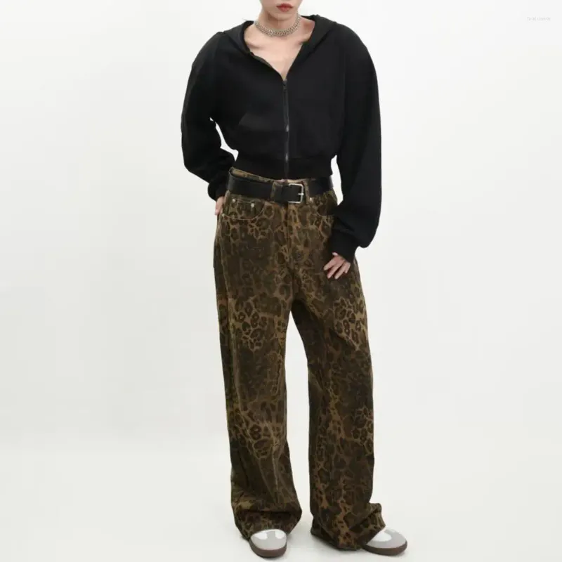 Pantalones para mujer Lady Jeans Estampado de leopardo Hop unisex con pierna ancha Estilo de calle suave para adultos jóvenes sueltos rectos de moda