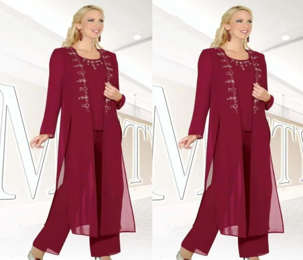 Burgundy Chiffon 3Pieces Mother Of Bride Pant Suit 2019 New Fashion Jewel Long Sleeves Beaded Side Split Long Coat Mothers Day Fo7459128