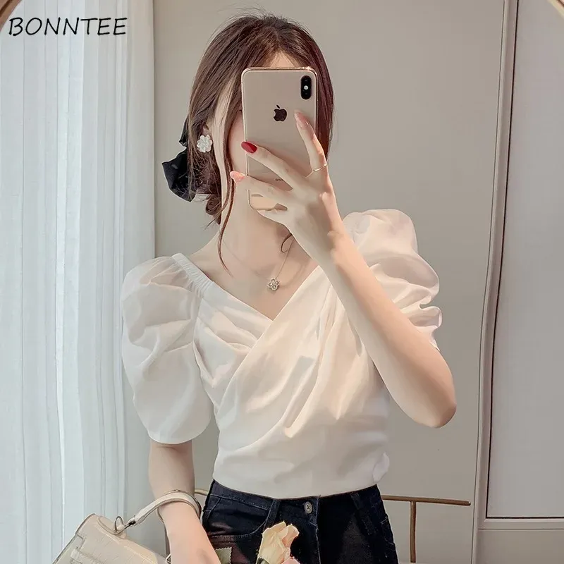 BLOUSE BANDAGE BLOUSES Women Vneck Slim Elegant Females Vintage Summer Ny ankomst trendig Leisure Crop Tops Mujer koreansk stil snygg