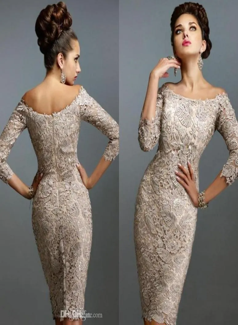 2019 Mor Off Bride Dresses Scoop Full Lace 34 Långa ärmar Knälängd Mantel Plus Size Mother of the Bride Dress4396570