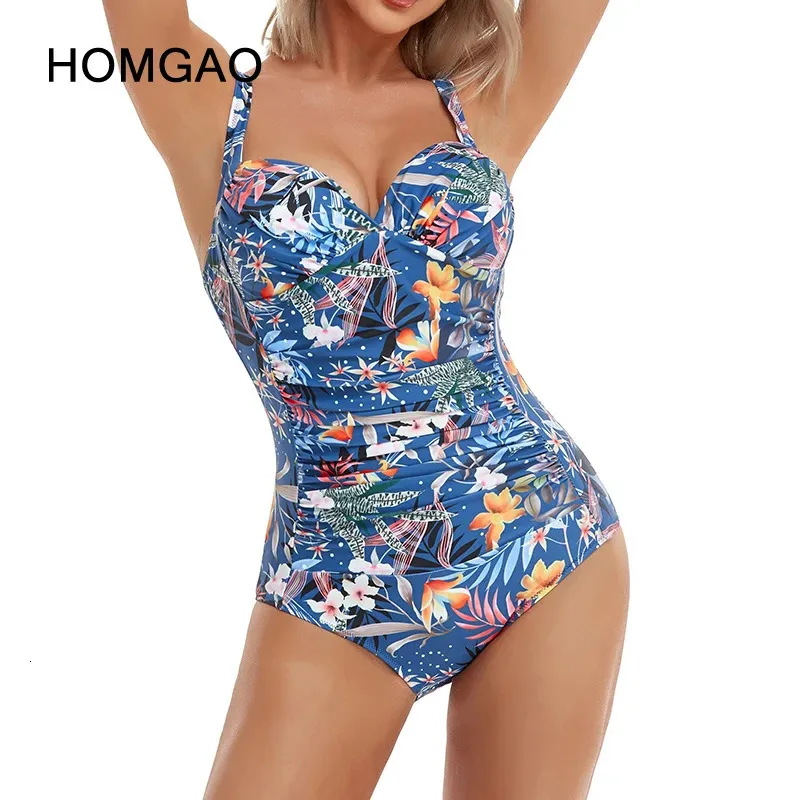 HOMGAO Sexy Push Up Womens Maiôs Tamanho Grande Shirred Swimwear Vintage Bodysuit Controle de Barriga Ternos de Banho L4XL 240219