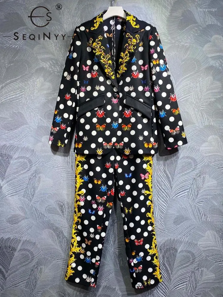 Kvinnors tvåbitar byxor Seqinyy Black Suit Spring Autumn Fashion Design Women Runway High Street Vintage Flower Dot Print Blazer Elegant