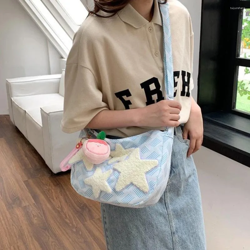 Sacs de soirée Femmes Mignon Sac à bandoulière Grande capacité Toile Messenger Star Applique Y2K Street Style School pour les étudiants adolescents