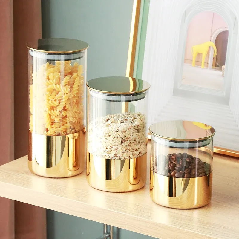 Gereedschap Koffiebonenopslagcontainer Gouden glas verzegelde container Snackopslagtank Metalen deksel Huiskeukenopslagornamenten