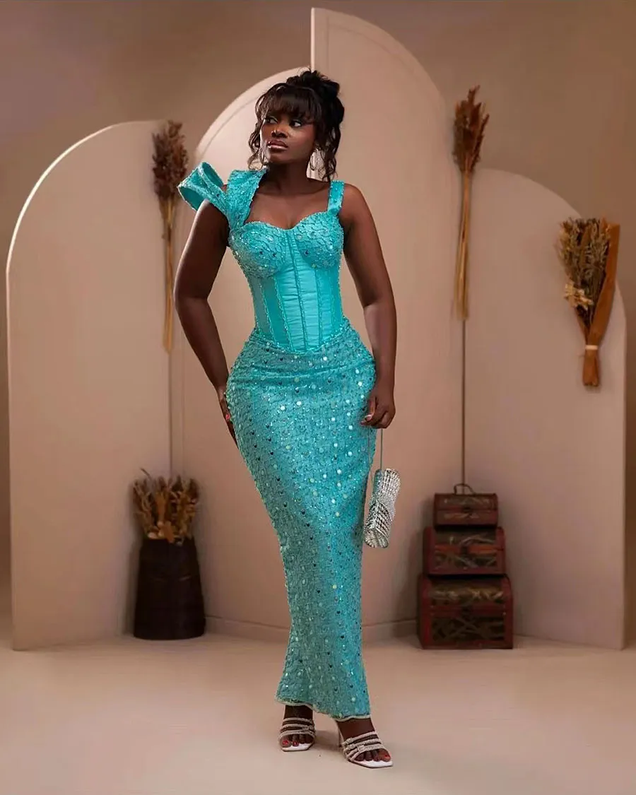 Elegant Turquoise Aso Ebi Mermaid Prom Dress Beaded Spaghetti Strap  Corset Evening Gown for Women, African Inspired Formal Robe